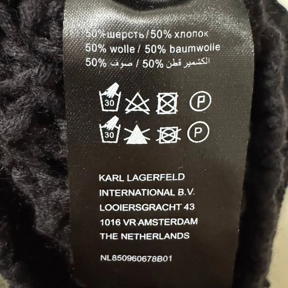 Karl Lagerfeld Black Open Knit Wool Cotton Sweater w/ Leather Sleeve Stripes L